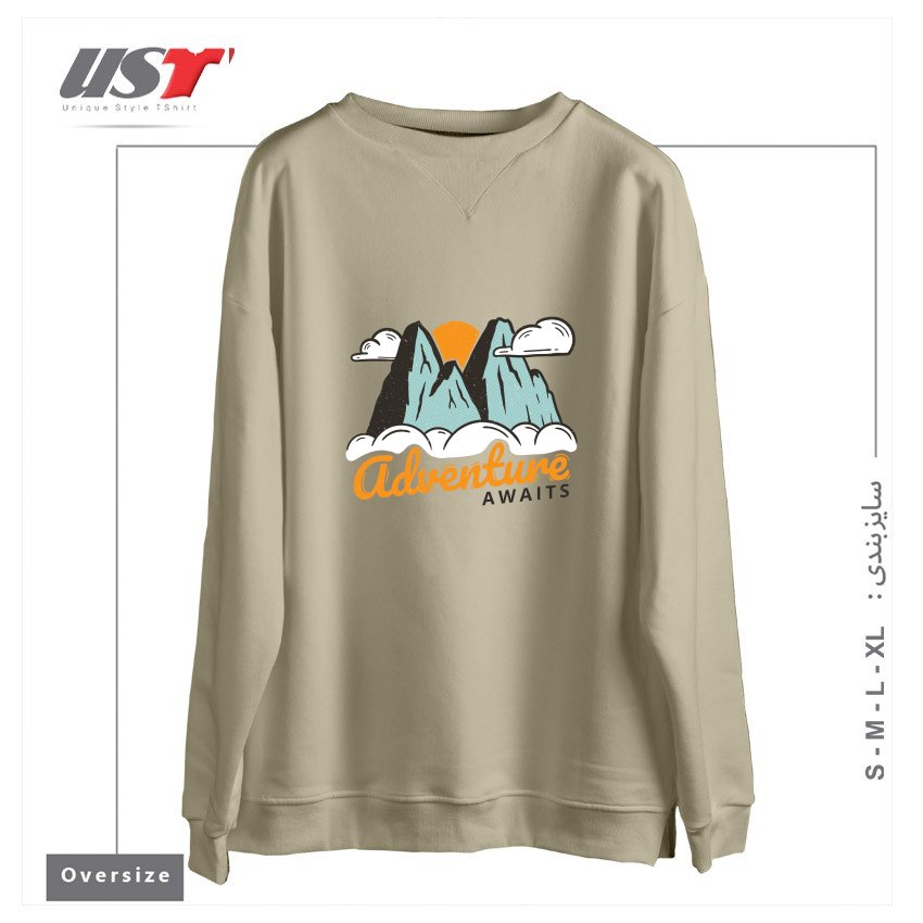 طرح NATURE - ADVENTURE AWAITS سوییشرت اورسایزرنگ نخودی