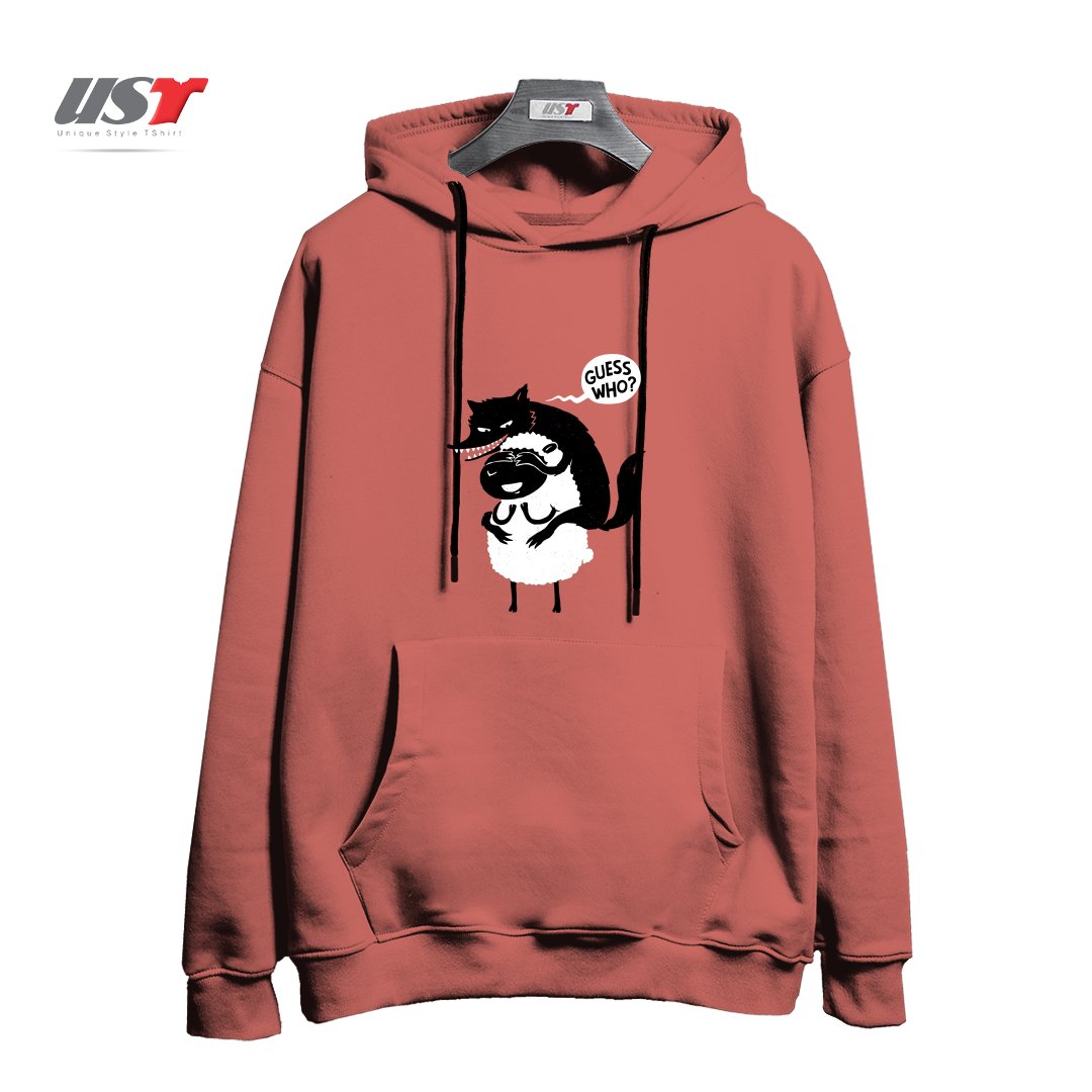 طرح GUESS WHO هودی اورسایزرنگ آجری