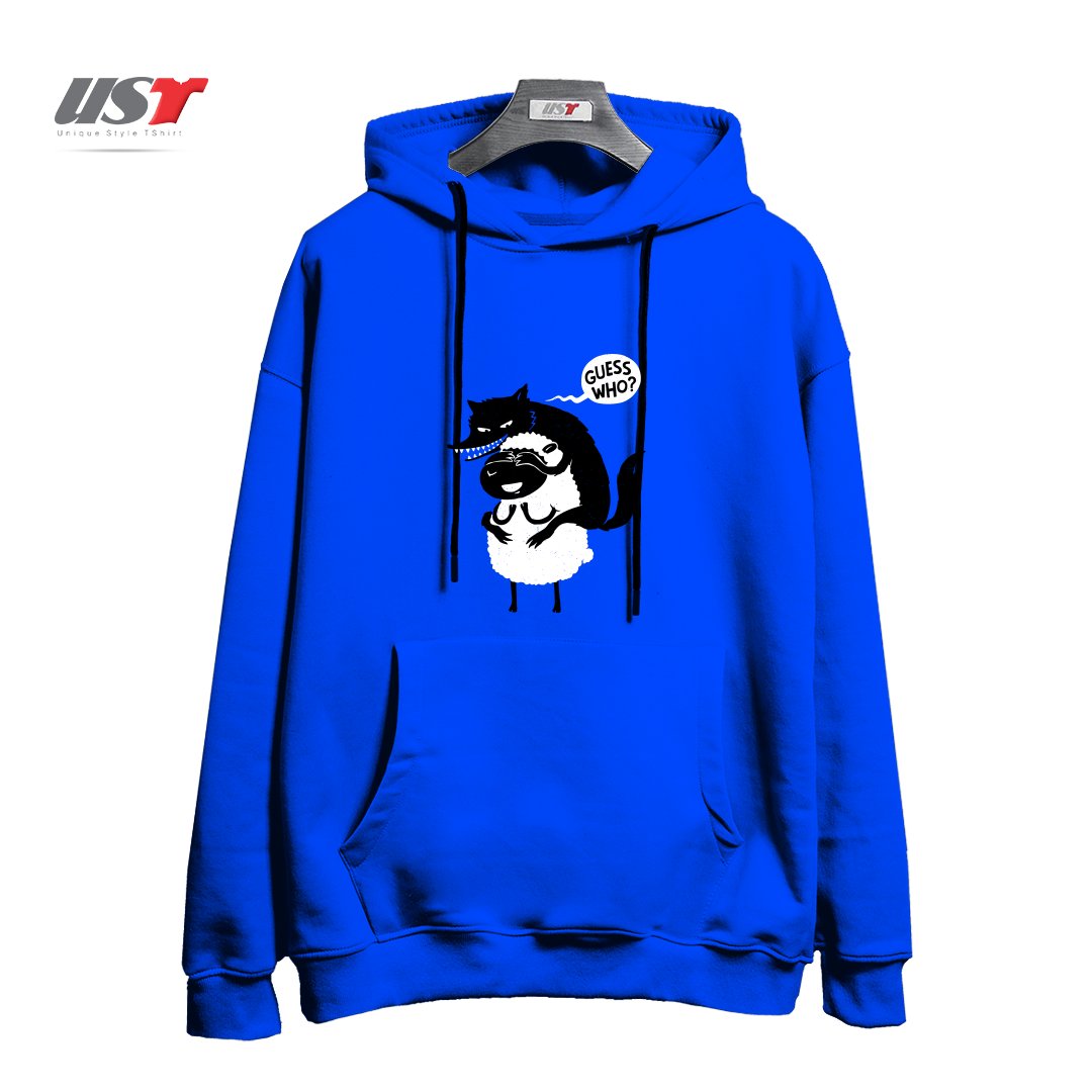 طرح GUESS WHO هودی اورسایزرنگ آبی شالی