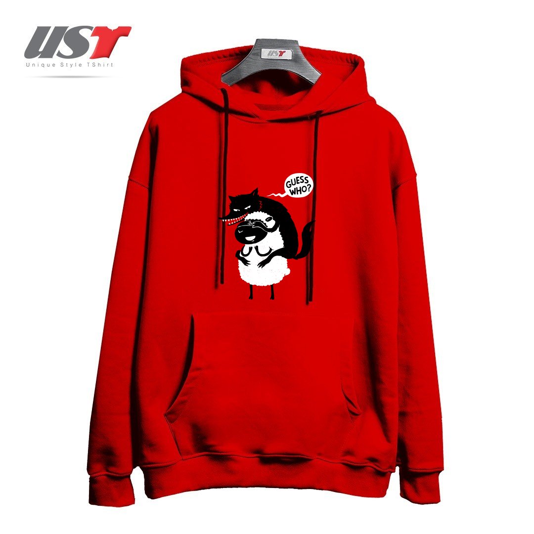 طرح GUESS WHO هودی اورسایزرنگ قرمز
