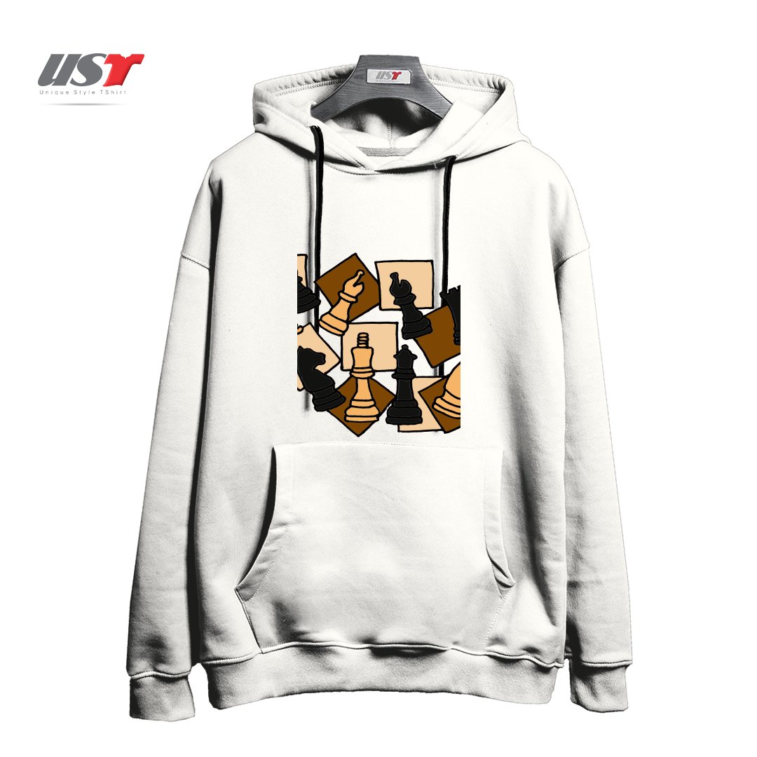 طرح COOL CHESS PIECES CHESS GAME ABSTRACT ART هودی اورسایزرنگ سفید