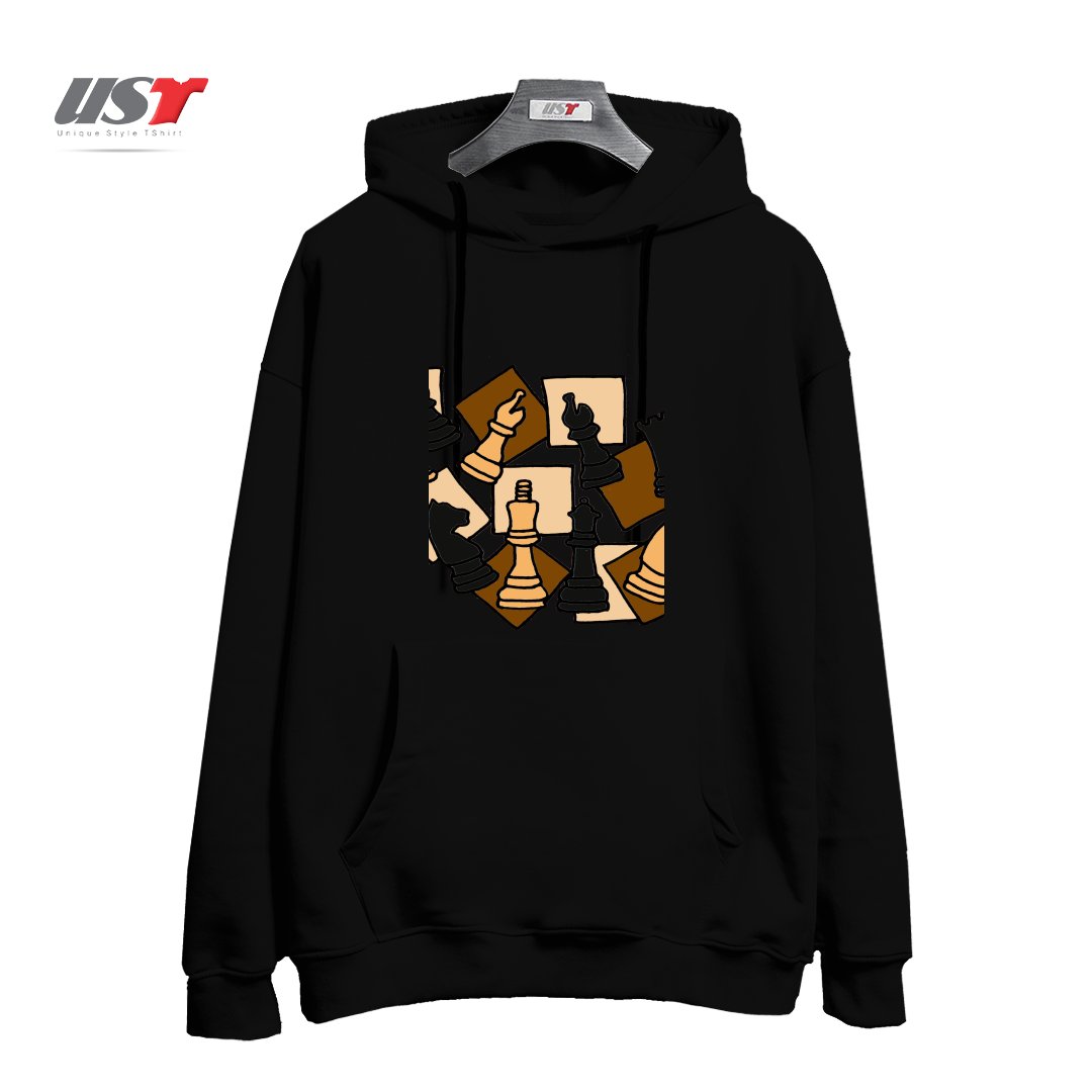 طرح COOL CHESS PIECES CHESS GAME ABSTRACT ART هودی اورسایزرنگ مشکی