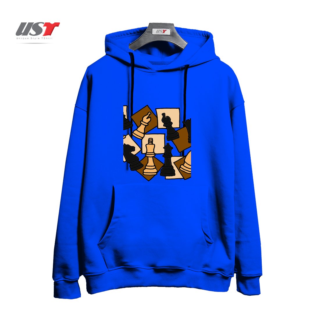 طرح COOL CHESS PIECES CHESS GAME ABSTRACT ART هودی اورسایزرنگ آبی شالی