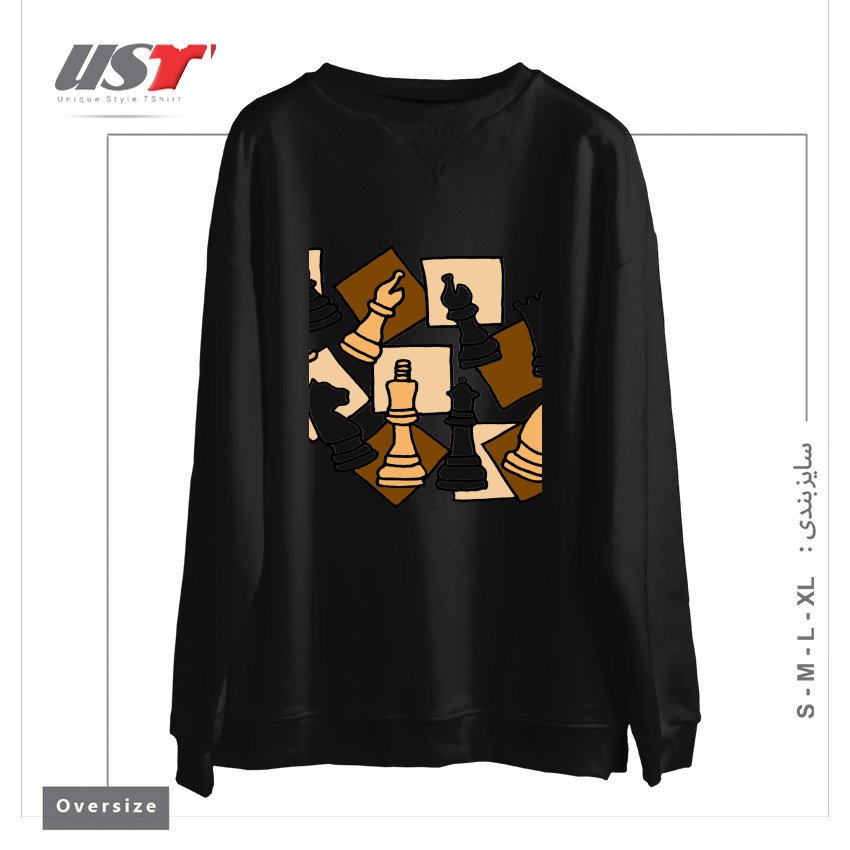 طرح COOL CHESS PIECES CHESS GAME ABSTRACT ART سوییشرت اورسایزرنگ مشکی