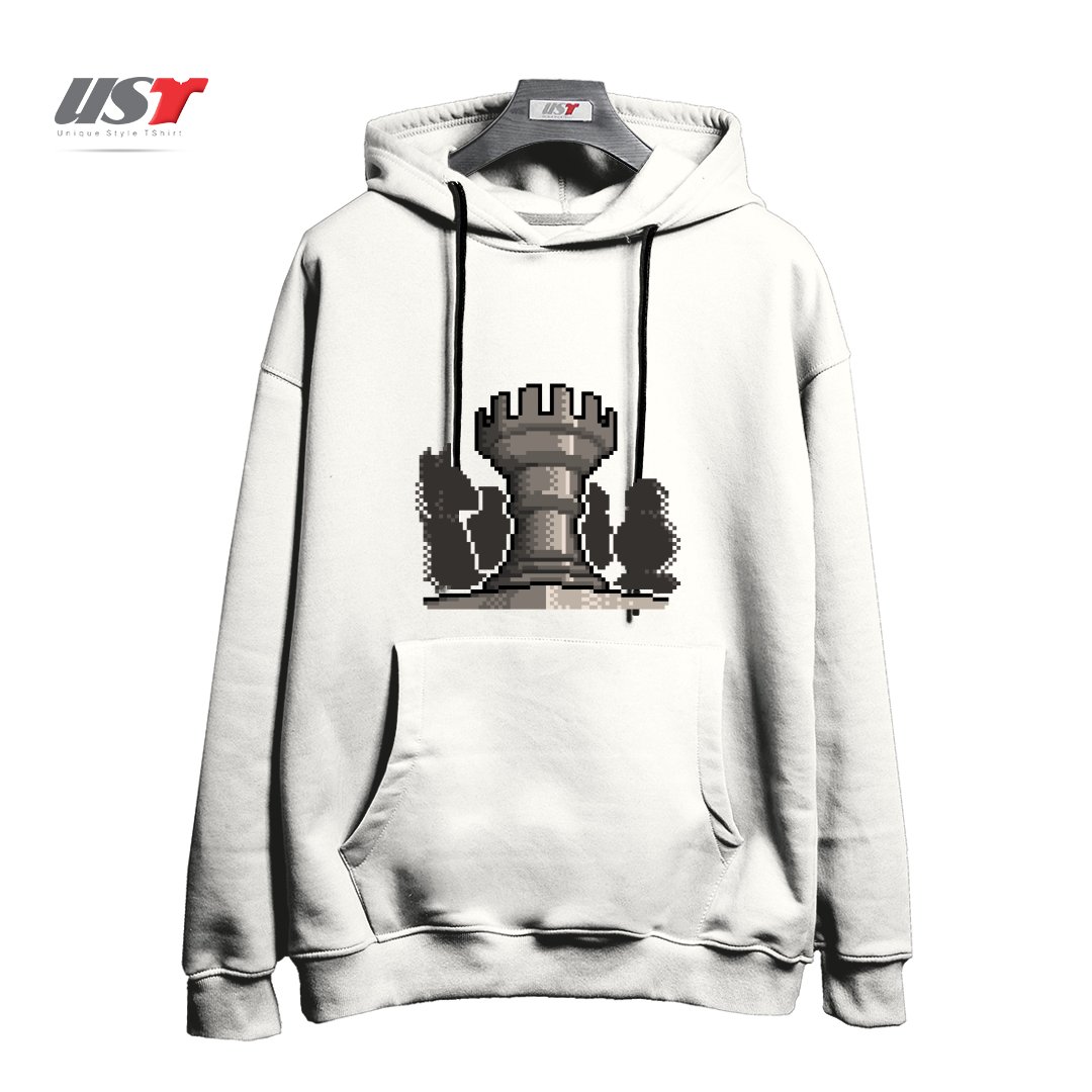 طرح PIXEL CHESS هودی اورسایزرنگ سفید