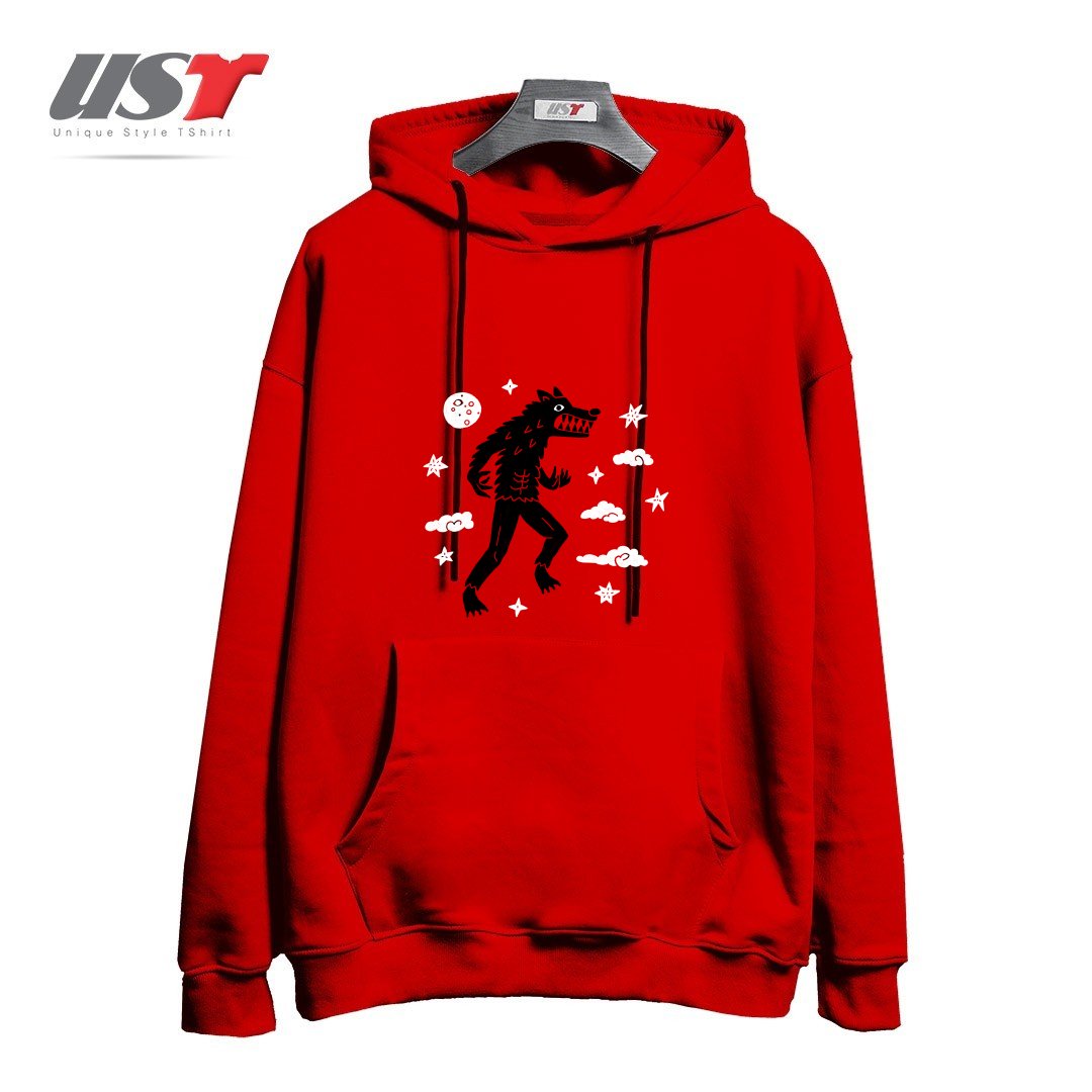 طرح I WANT TO BELIEVE IN... WEREWOLVES هودی اورسایزرنگ قرمز