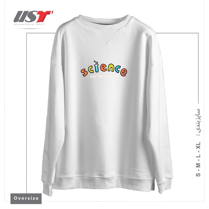 طرح SCIENCE HAS THE SOLUTIONS سوییشرت اورسایزرنگ سفید