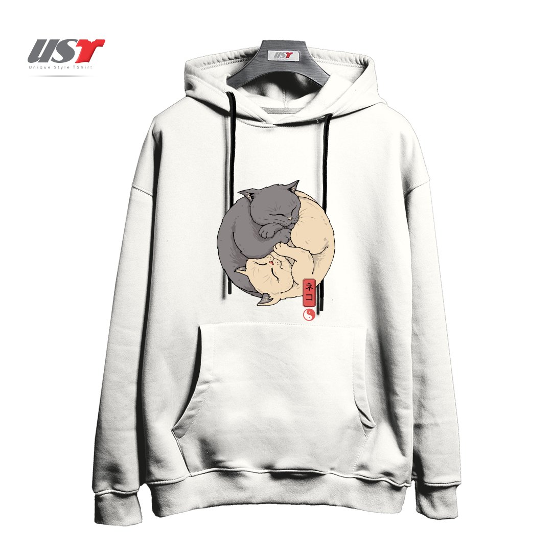 طرح YIN YANG CATS هودی اورسایزرنگ سفید