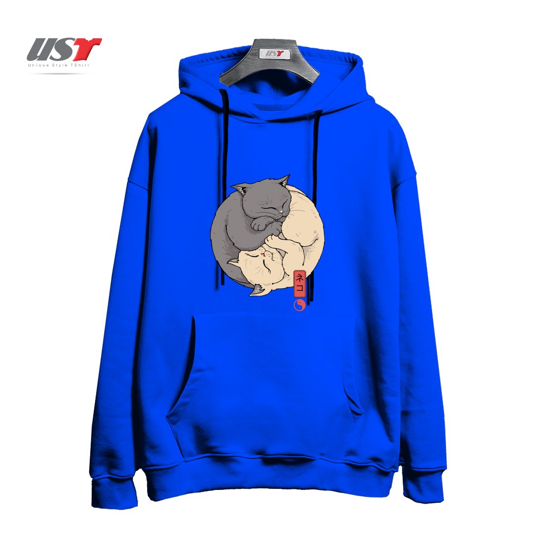 طرح YIN YANG CATS هودی اورسایزرنگ آبی شالی