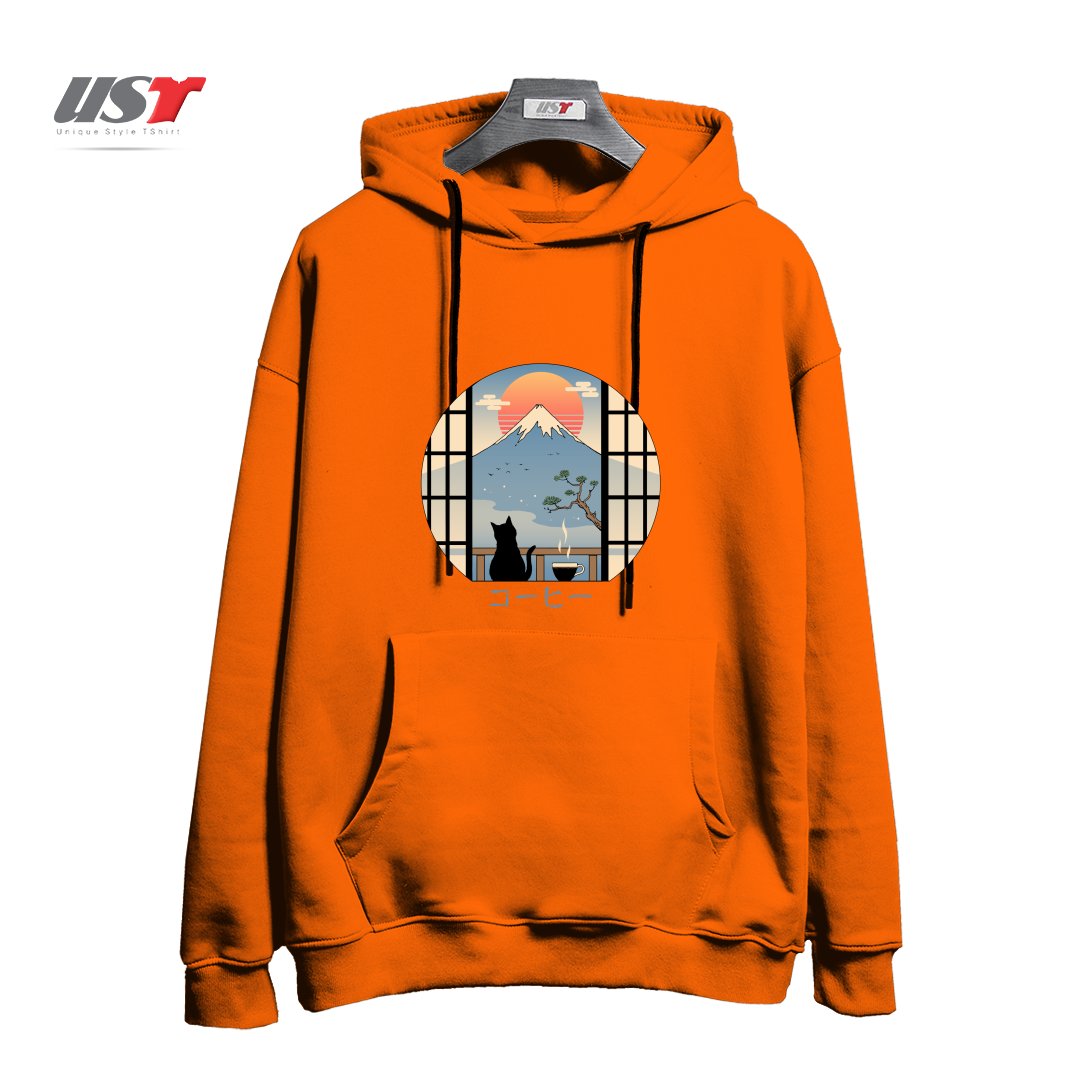 طرح COFFEE CAT IN MT. FUJI هودی اورسایزرنگ نارنجی
