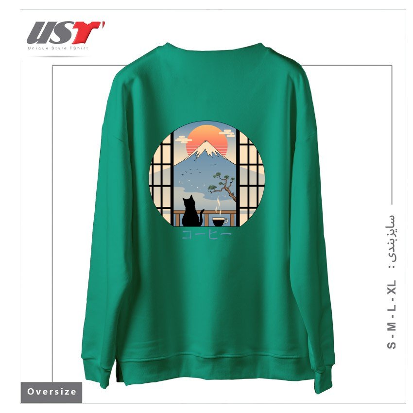 طرح COFFEE CAT IN MT. FUJI سوییشرت اورسایزرنگ سبز سدری
