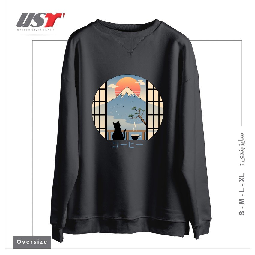 طرح COFFEE CAT IN MT. FUJI سوییشرت اورسایزرنگ دودی