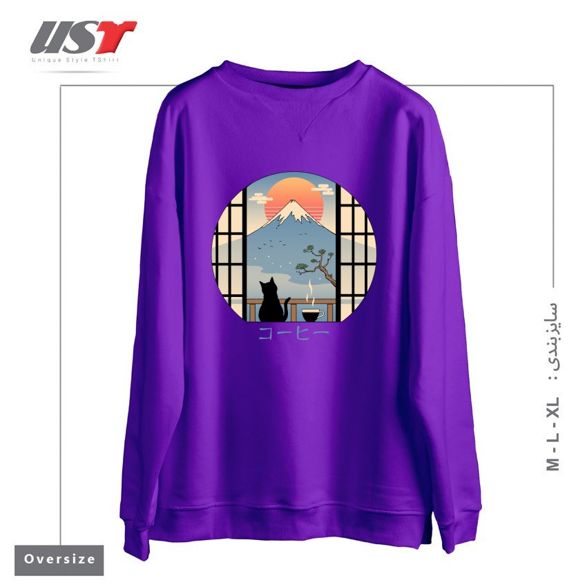 طرح COFFEE CAT IN MT. FUJI سوییشرت اورسایزرنگ بنفش