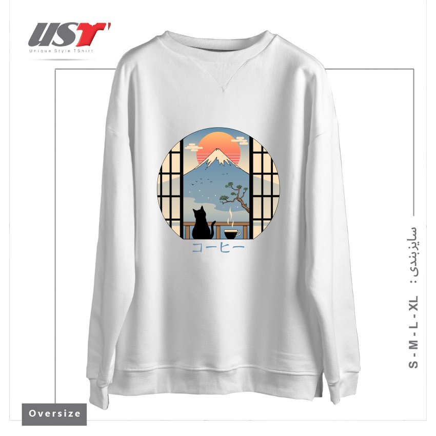 طرح COFFEE CAT IN MT. FUJI سوییشرت اورسایزرنگ سفید