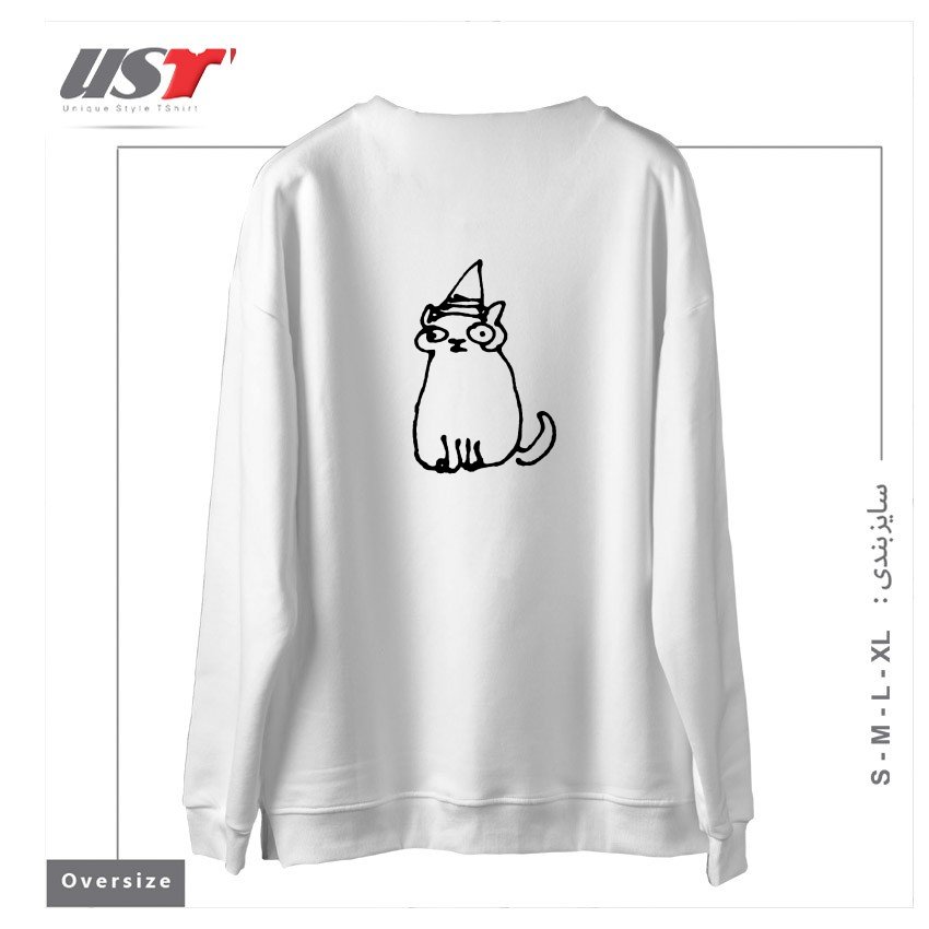 طرح WIZARD CAT سوییشرت اورسایزرنگ سفید