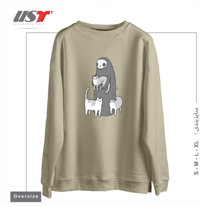 طرح THE GRIM AND HER CATS سوییشرت اورسایزرنگ نخودی