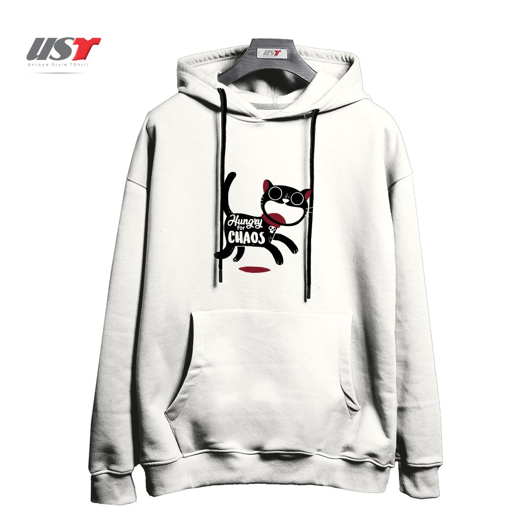 طرح HUNGRY FOR CHAOS هودی اورسایزرنگ سفید