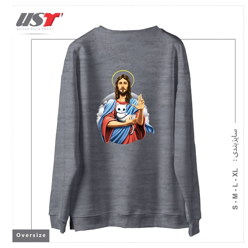 طرح JESUS CAT سوییشرت اورسایزرنگ طوسی ملانژ