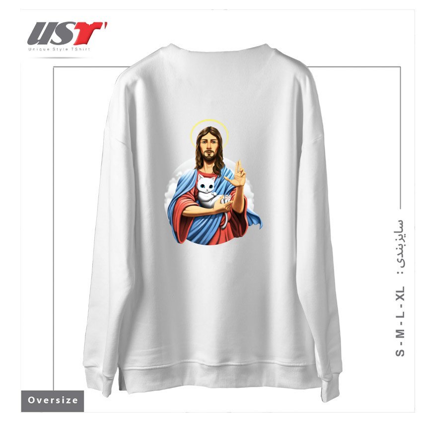 طرح JESUS CAT سوییشرت اورسایزرنگ سفید