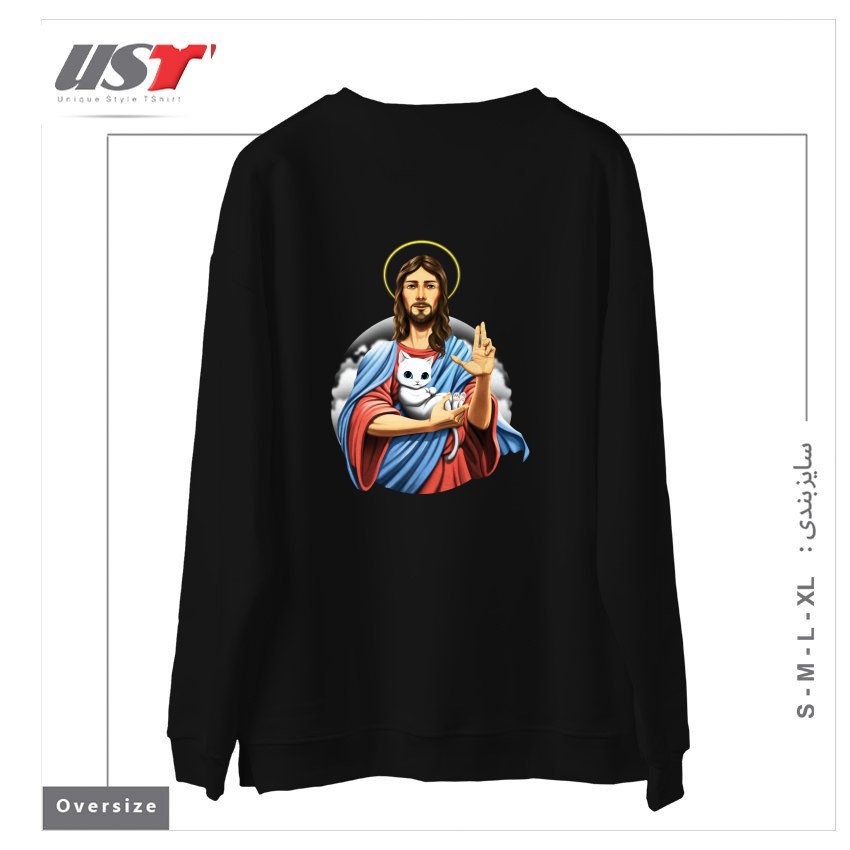 طرح JESUS CAT سوییشرت اورسایزرنگ مشکی