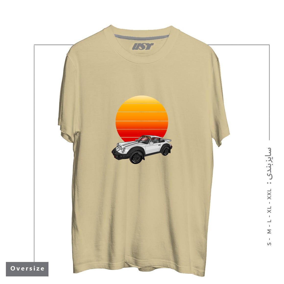 طرح 911 CARRERA SAFARI RALLY SPORTS CAR SUNSET تیشرت اورسایزرنگ نخودی