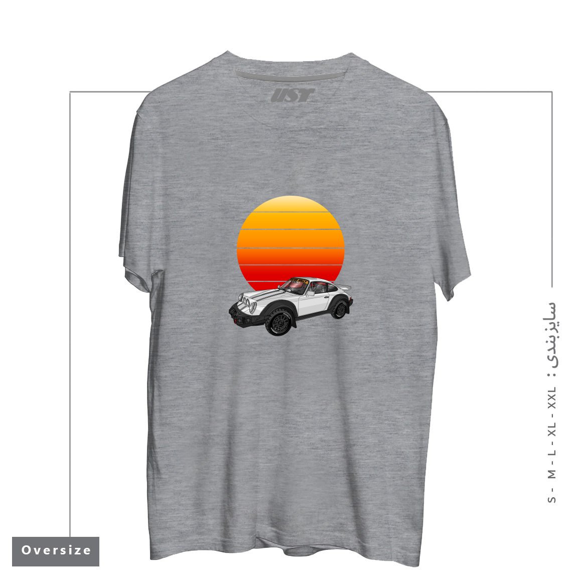 طرح 911 CARRERA SAFARI RALLY SPORTS CAR SUNSET تیشرت اورسایزرنگ طوسی ملانژ
