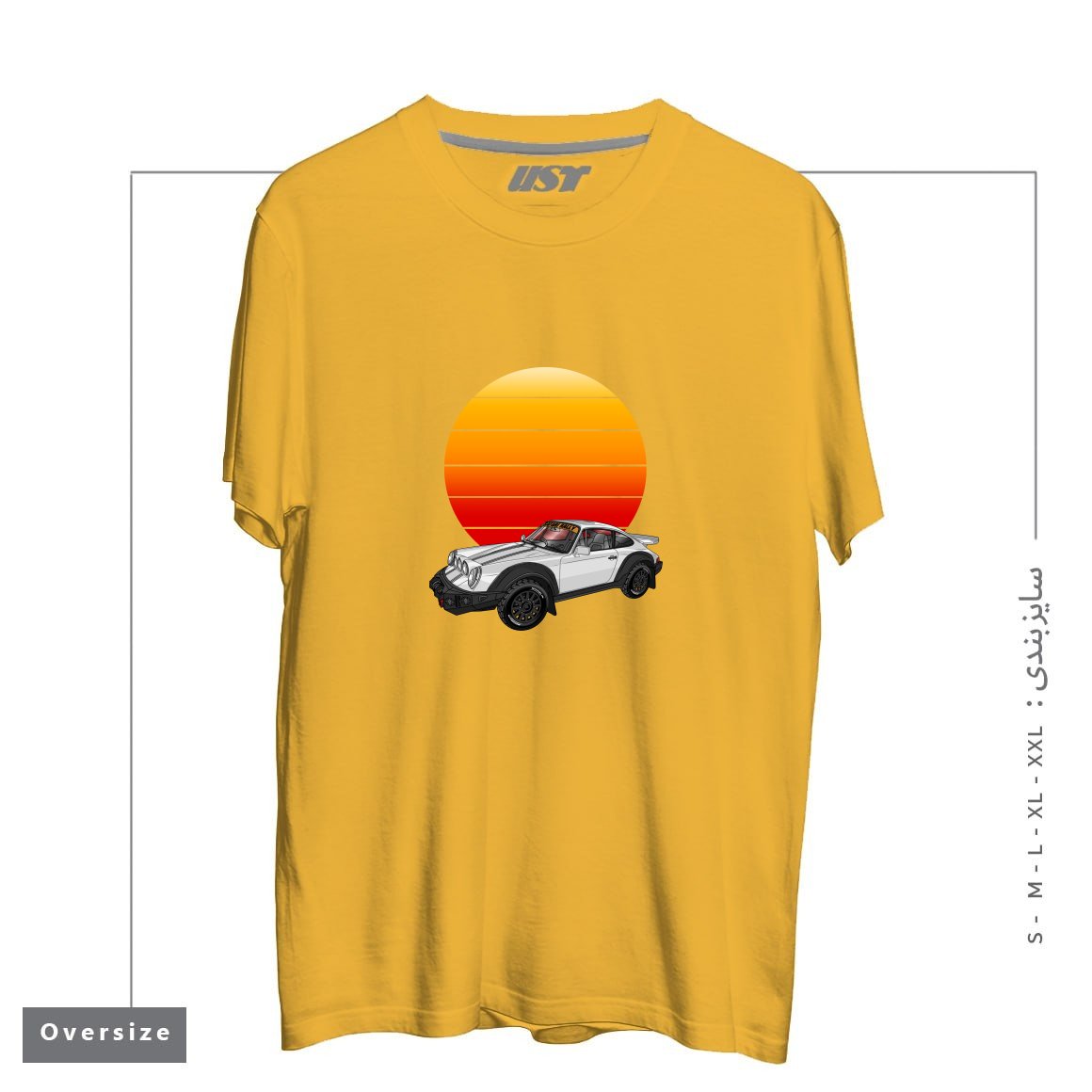 طرح 911 CARRERA SAFARI RALLY SPORTS CAR SUNSET تیشرت اورسایزرنگ خردلی