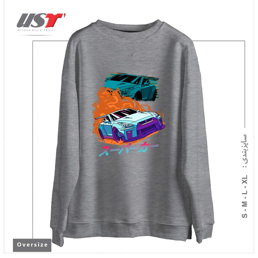 طرح JDM GT-R NIPPON STREET RACING CAR سوییشرت اورسایزرنگ طوسی ملانژ