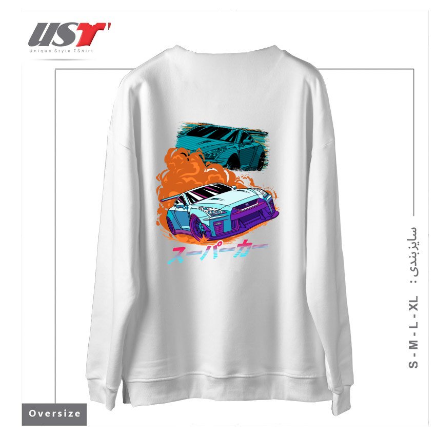 طرح JDM GT-R NIPPON STREET RACING CAR سوییشرت اورسایزرنگ سفید