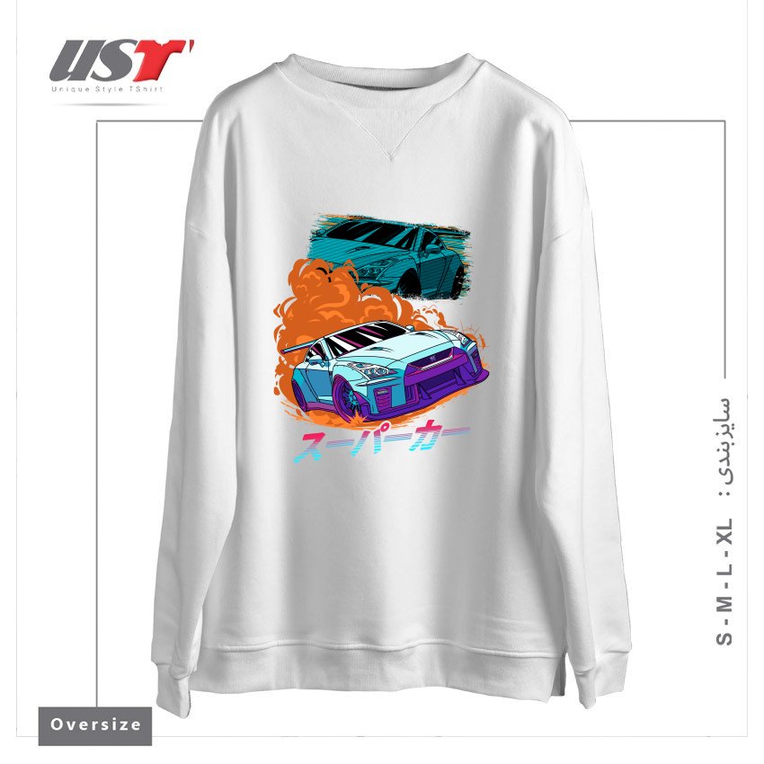 طرح JDM GT-R NIPPON STREET RACING CAR سوییشرت اورسایزرنگ سفید