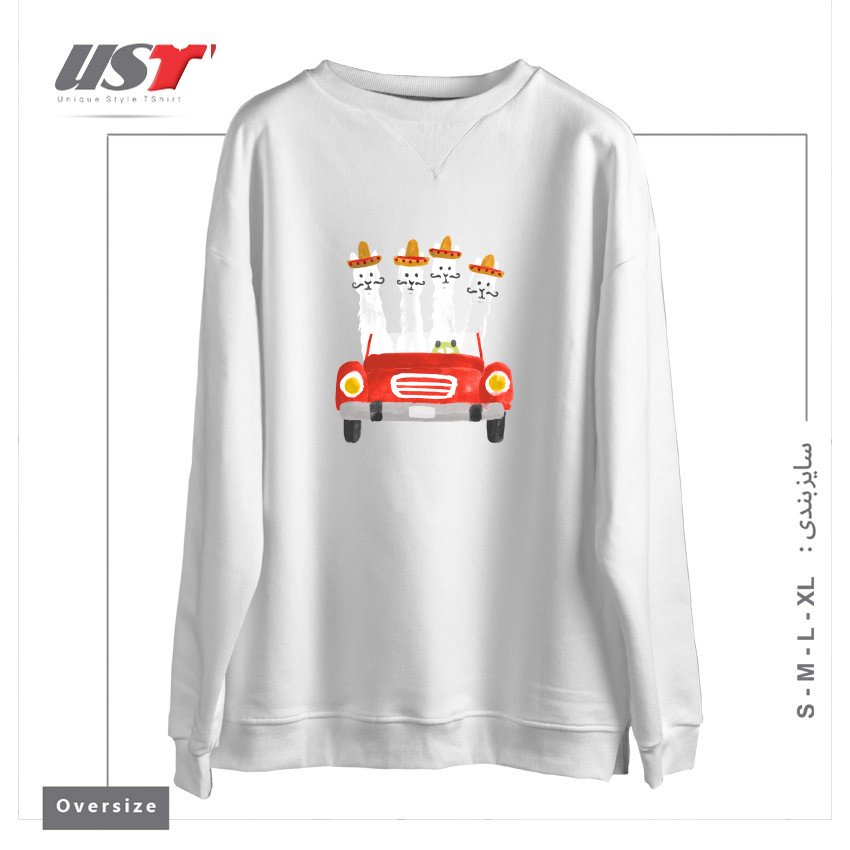 طرح LLAMAS ON A ROADTRIP سوییشرت اورسایزرنگ سفید