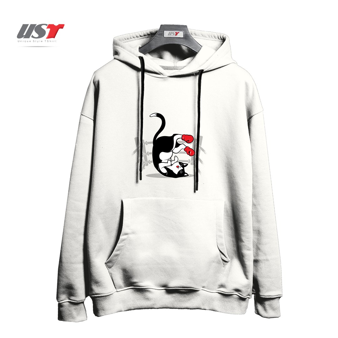 طرح BOXER CAT هودی اورسایزرنگ سفید