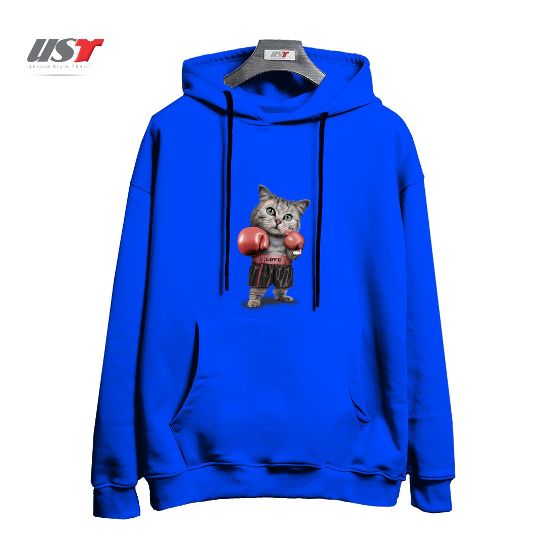 طرح BOXING CAT هودی اورسایزرنگ آبی شالی