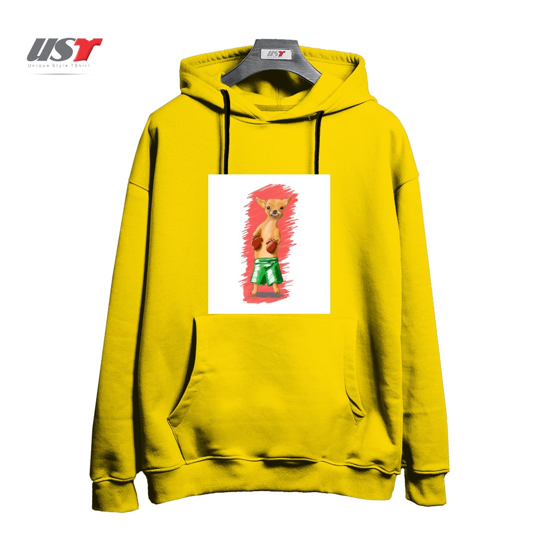 طرح BOXING CHIHUAHA هودی اورسایزرنگ زرد