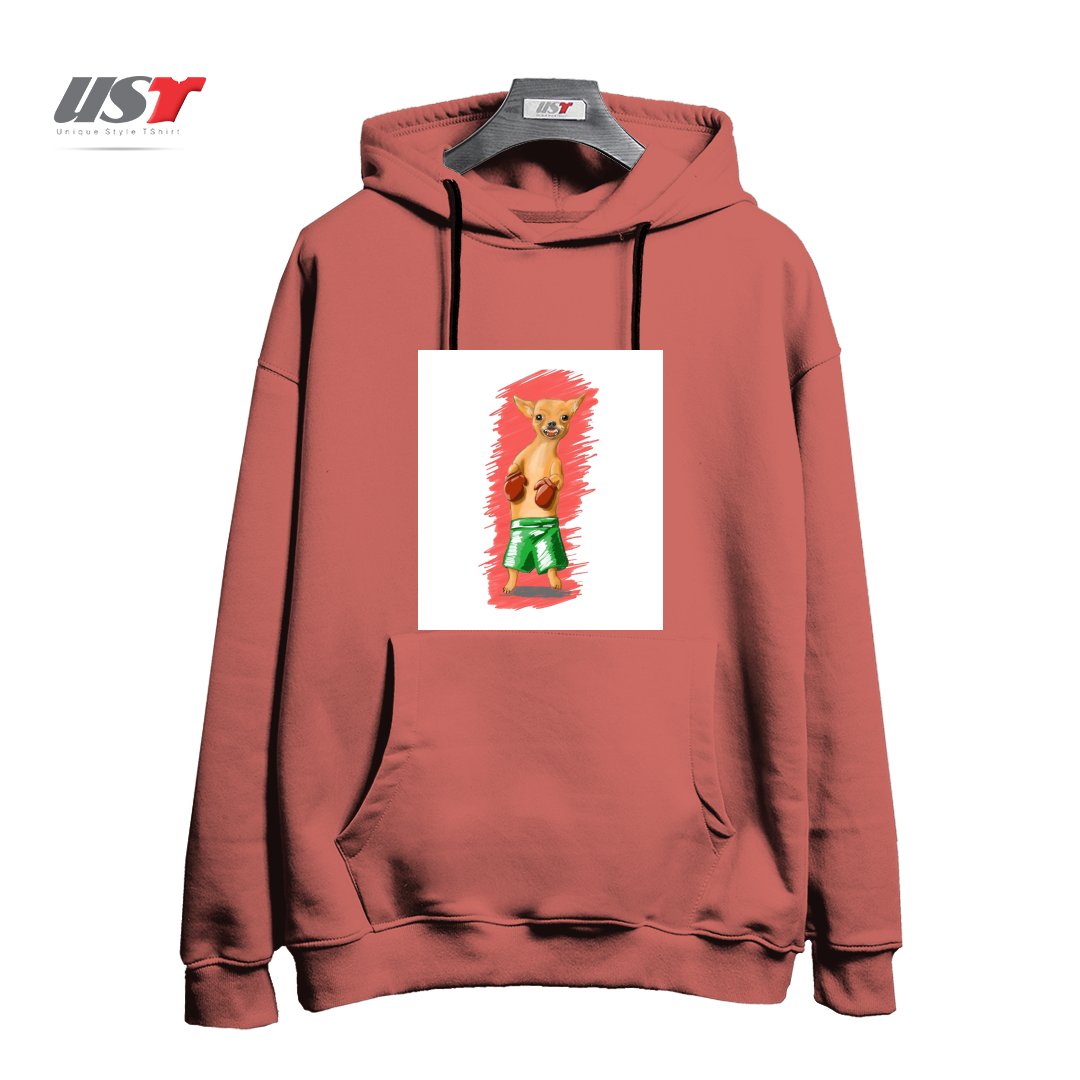 طرح BOXING CHIHUAHA هودی اورسایزرنگ آجری