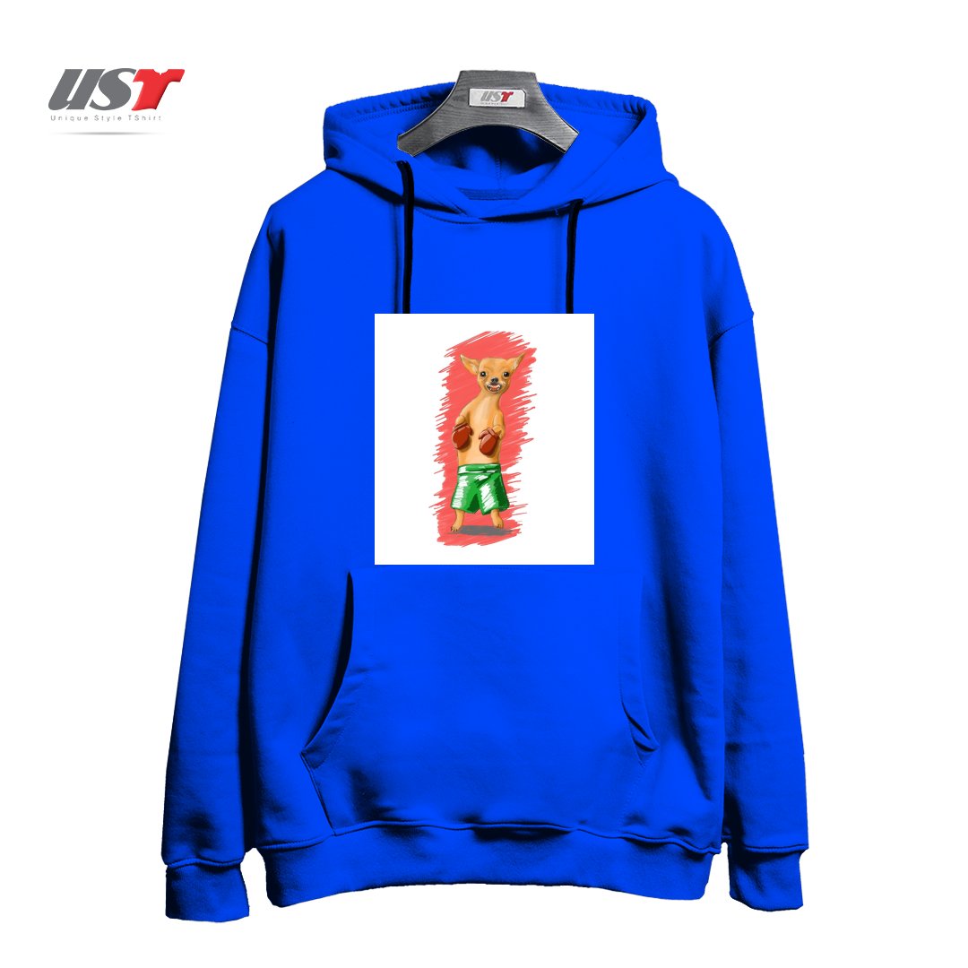 طرح BOXING CHIHUAHA هودی اورسایزرنگ آبی شالی