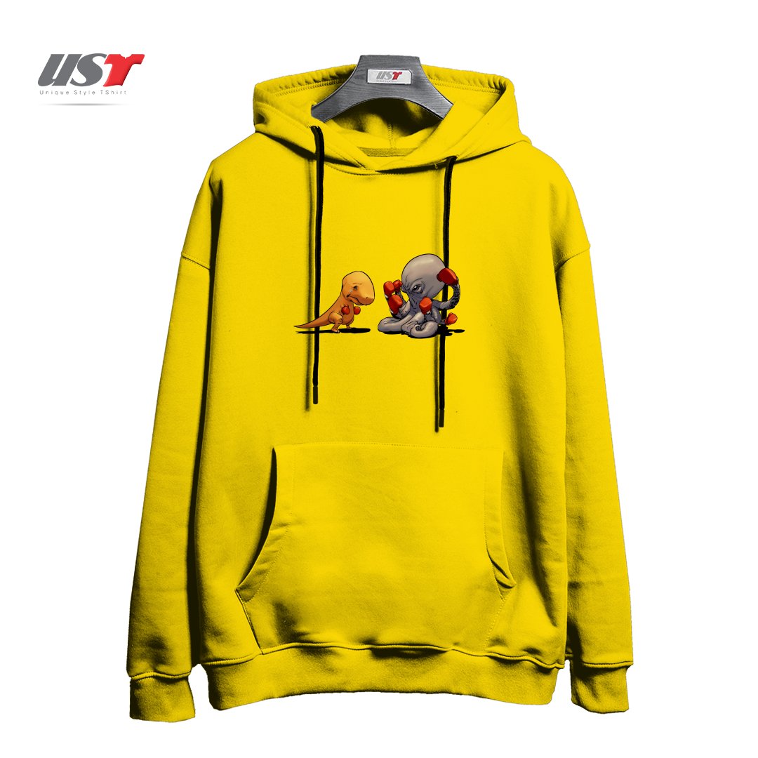 طرح T-REX VS OCTOPUS هودی اورسایزرنگ زرد