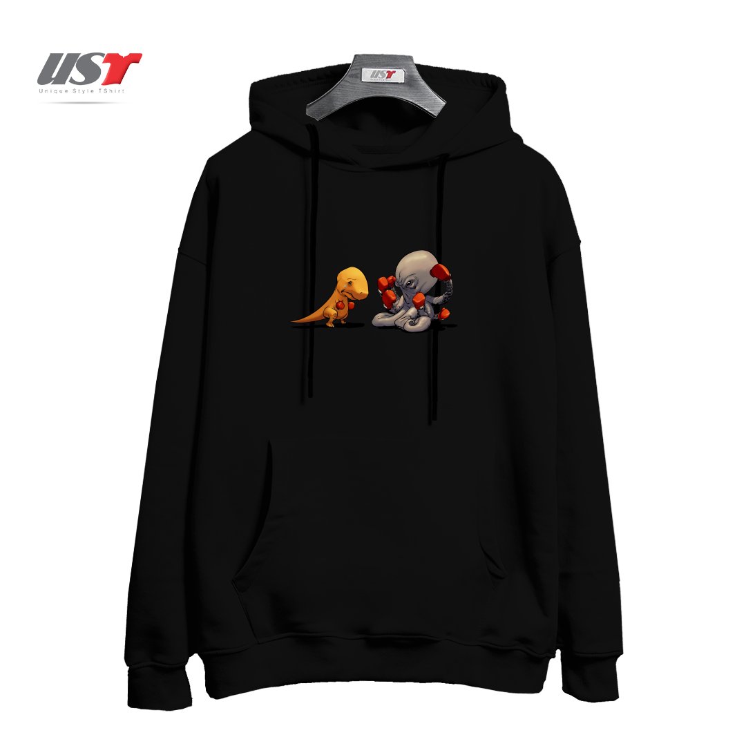 طرح T-REX VS OCTOPUS هودی اورسایزرنگ مشکی