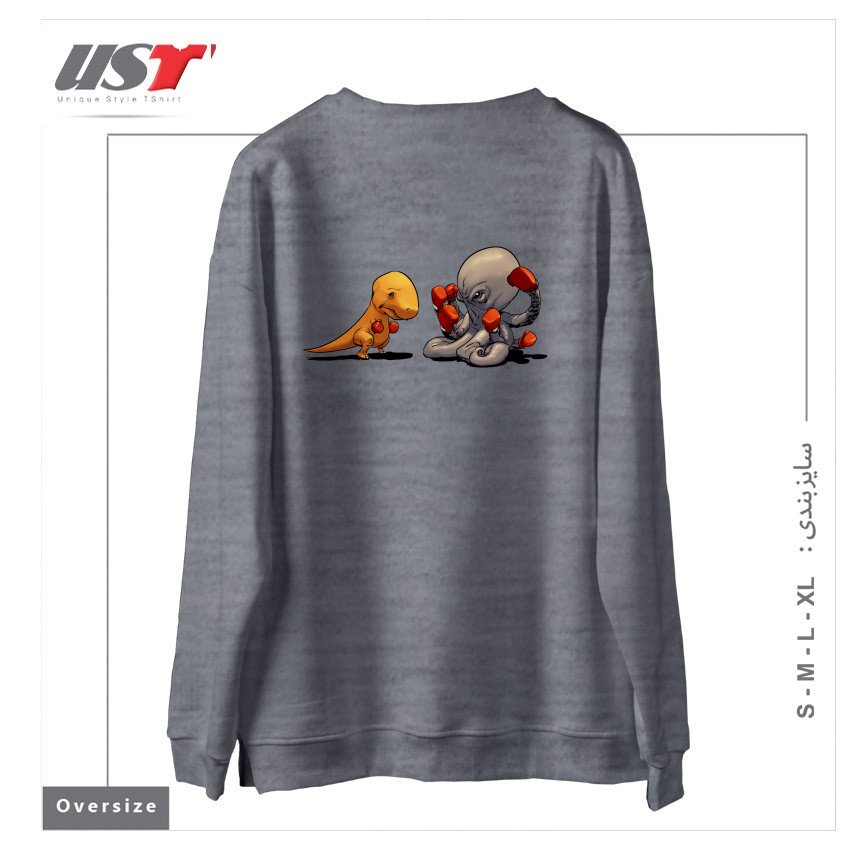 طرح T-REX VS OCTOPUS سوییشرت اورسایزرنگ طوسی ملانژ