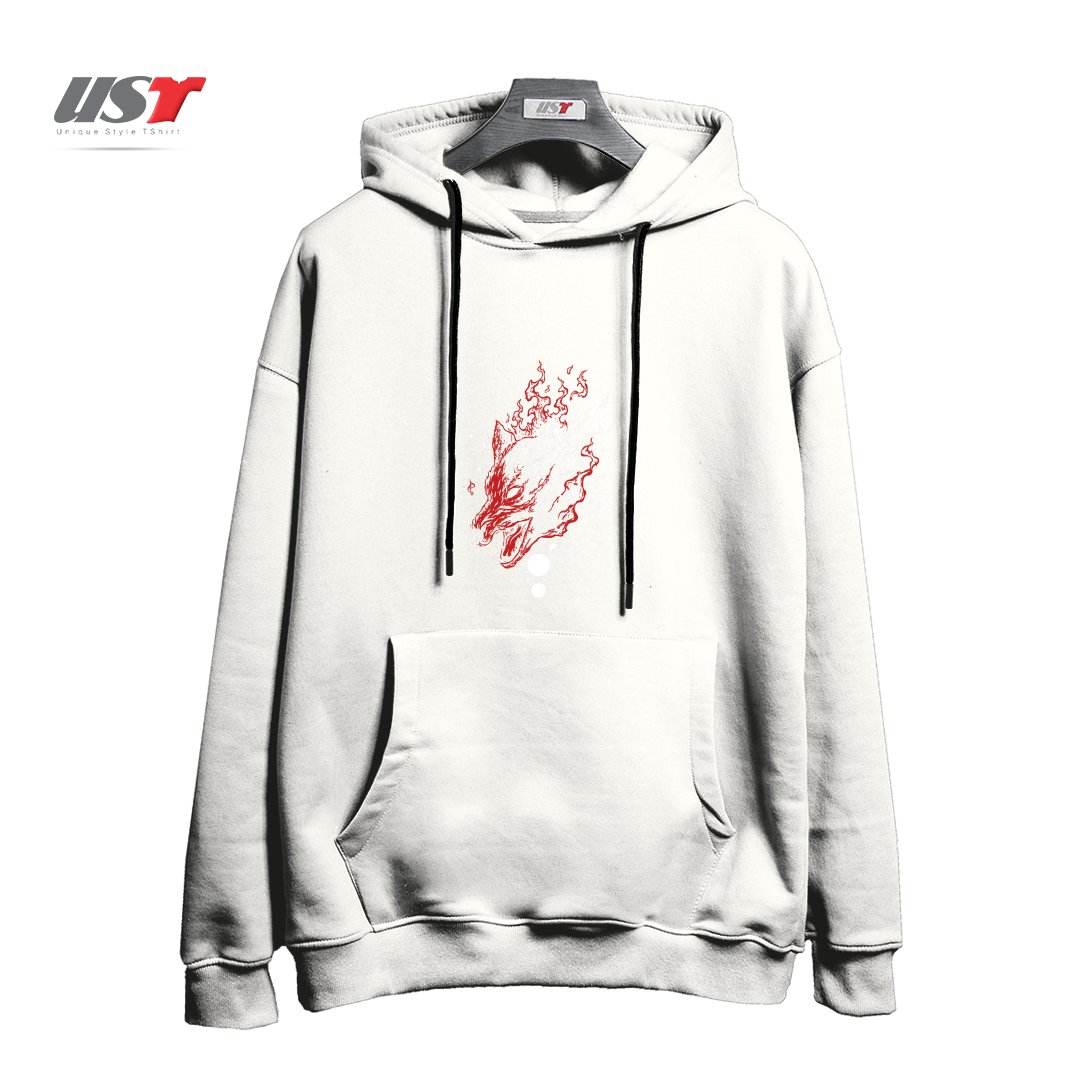 طرح WOLF ON FIRE (RED) هودی اورسایزرنگ سفید