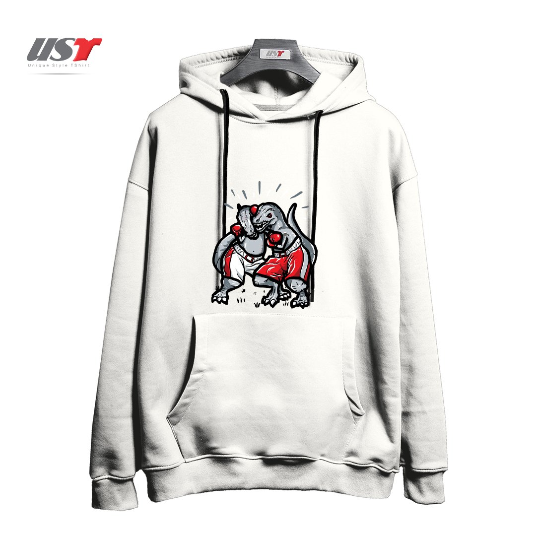 طرح T-REX'S TRYING TO BOX هودی اورسایزرنگ سفید