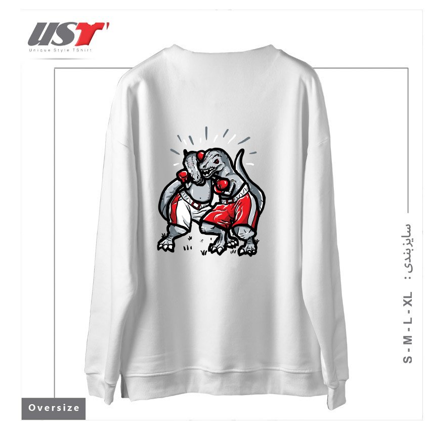 طرح T-REX'S TRYING TO BOX سوییشرت اورسایزرنگ سفید