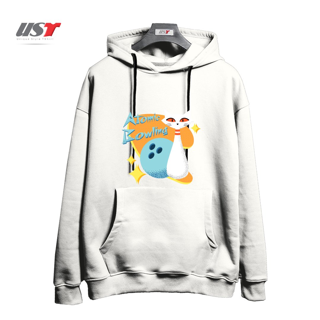 طرح ATOMIC CAT IN MID-CENTURY MODERN BOWLING DESIGN هودی اورسایزرنگ سفید