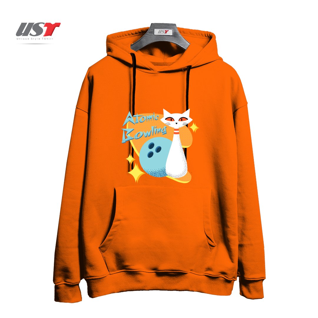 طرح ATOMIC CAT IN MID-CENTURY MODERN BOWLING DESIGN هودی اورسایزرنگ نارنجی