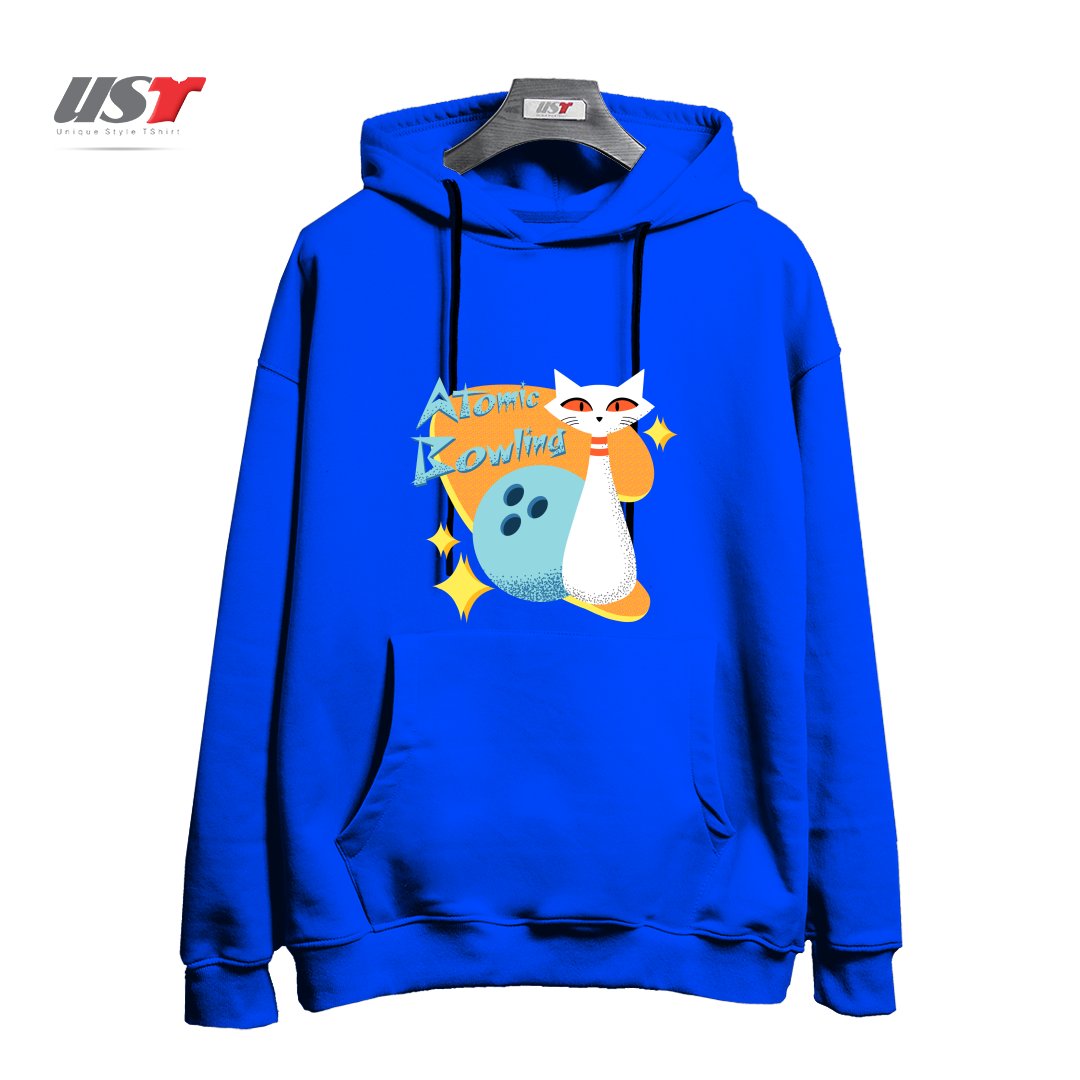 طرح ATOMIC CAT IN MID-CENTURY MODERN BOWLING DESIGN هودی اورسایزرنگ آبی شالی