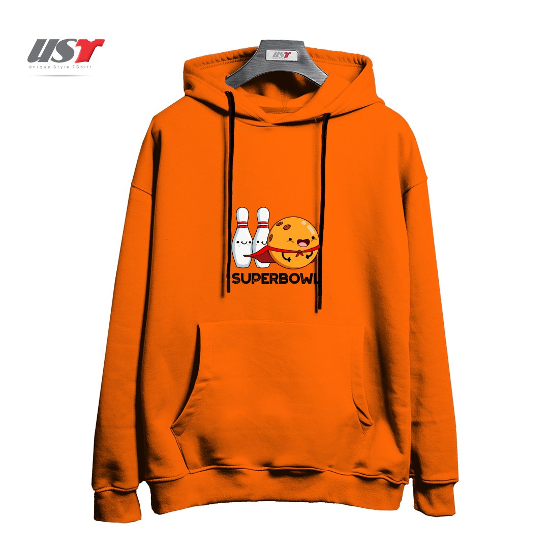 طرح SUPER BOWL CUTE SUPER HERO BOWLING PUN هودی اورسایزرنگ نارنجی