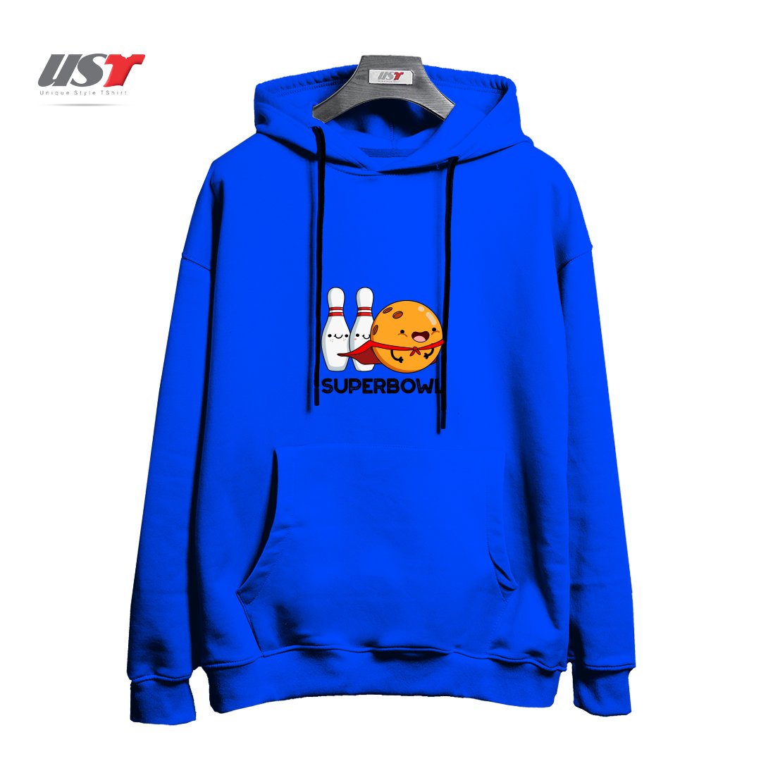 طرح SUPER BOWL CUTE SUPER HERO BOWLING PUN هودی اورسایزرنگ آبی شالی