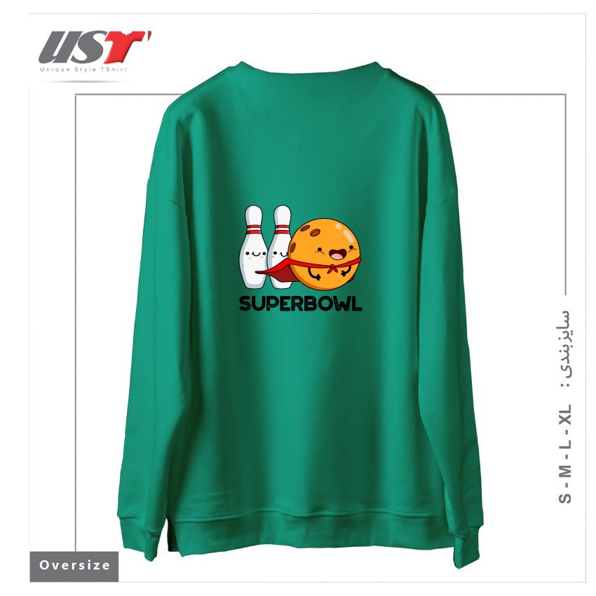 طرح SUPER BOWL CUTE SUPER HERO BOWLING PUN سوییشرت اورسایزرنگ سبز سدری