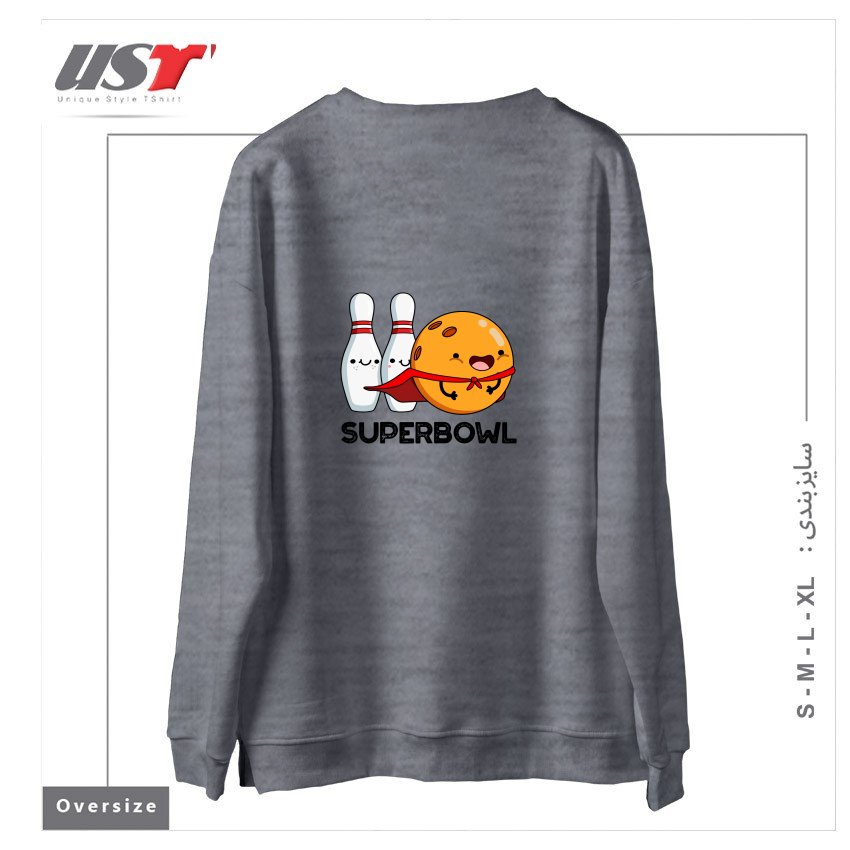 طرح SUPER BOWL CUTE SUPER HERO BOWLING PUN سوییشرت اورسایزرنگ طوسی ملانژ