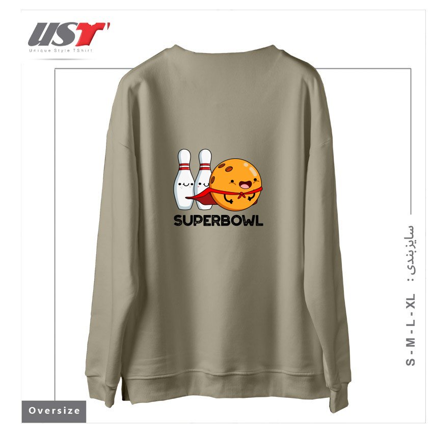طرح SUPER BOWL CUTE SUPER HERO BOWLING PUN سوییشرت اورسایزرنگ نخودی
